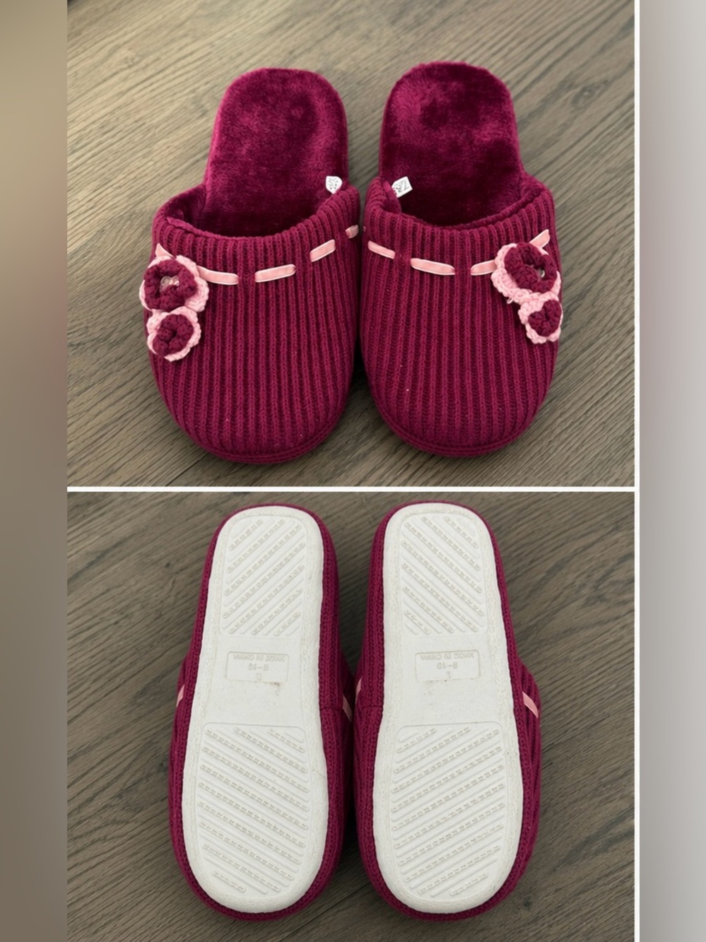 Plush Knit Burgundy Women's Slip-On Slippers US 9-10